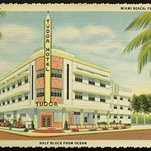 Tudor Hotel. ca. 1939, Miami Beach, Florida, USA, TUDOR HOTEL, MIAMI BEACH, FLORIDA. HALF BLOCK FROM OCEAN. TUDOR HOTEL, 1111 Collins Avenue, MIAMI BEACH, FLORIDA. New-Modern-Superb Location-Luxuriously furnished-Every room with private bath and shower-Spacious Lobby- Card Room-Roof Solarium-Surf bathing from your room-