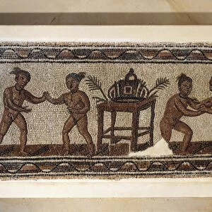 Tunisia, Bou Arkound, Mosaic work depicting fighting men in the arena; in the middle a table with the prizes
