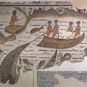 Tunisia, Sidi Abdakkah, Mosaic depicting net fishing and octopus fishing