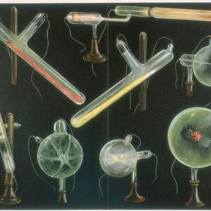 Various substances fluorescing in vacuum tubes of different shapes. Chromolithograph, Leipzig 1903