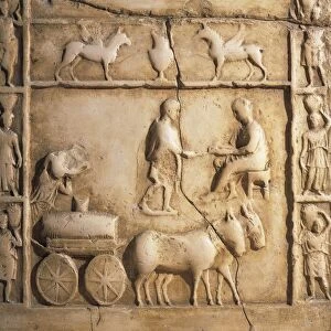 Veiquasio Optatos stele, Detail from relief with farm cart, mules and farmer who is pouring wine into cask on cart