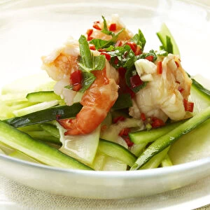 Vietnamese prawn salad on bowl, close-up