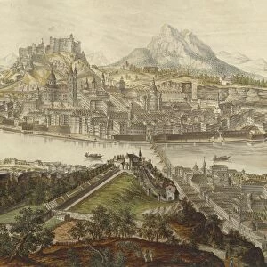 View of city of Salzburg on Salzach River with Old City and Hohensalzburg fortress
