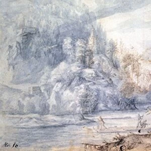 View across river, men on raft centre foreground. Pen, brown ink, blue and brown wash