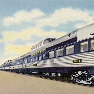 Wabash Dome Streamliner. ca. 1950, Midwestern USA, MOST MODERN TRAIN IN AMERICA. The new Wabash dome streamliner Blue Bird leaves St. Louis every morning and leaves Chicago every afternoon. This new train offers every desirable travel feature, including Pullman parlor car with dome, coaches with domes, Coffee Shop Club for coach passengers, and superb meals in a beautiful dining car
