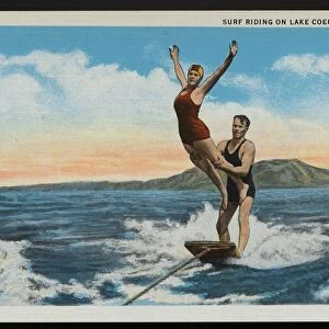 Water Skiing on Lake Coeur d Alene. ca. 1934, Coeur d Alene, Idaho, USA, SURF RIDING ON LAKE COEUR D ALENE, IDAHO