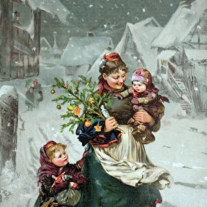 Woman, children and christmas tree