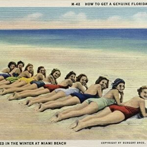 Women Sunbathing on a Beach. ca. 1937, Miami Beach, Florida, USA, M-42 HOW TO GET A GENUINE FLORIDA SUN TAN. SUMMER SUN-TANNED IN THE WINTER AT MIAMI BEACH