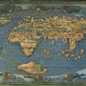 World map on oval projection, by Francesco Rosselli, ink on parchment, created in Florence circa 1508