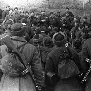 World war 2, battle of stalingrad, major general guriev, commander of the division, addresses the first reinforcements who arrived at stalingrad over the frozen volga river