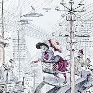 Young lady paying calls by personal airship among a maze of telegraph and telephone wires