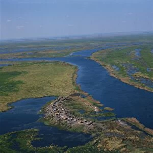 Zambia, Aerial view of fishing village by Kafue River