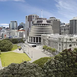 Aerial view of The Beehive and NZ Parliament House