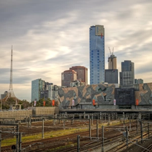 Melbourne train tracks, modern theatre and Eureka