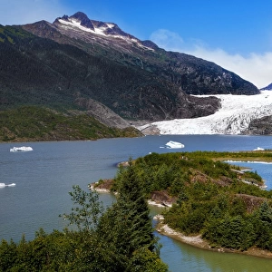 View of Mendenhall Lake and Glacier With Nugget Falls in Mendenhall Valley, Juneau, Alaska, United States of America, North America