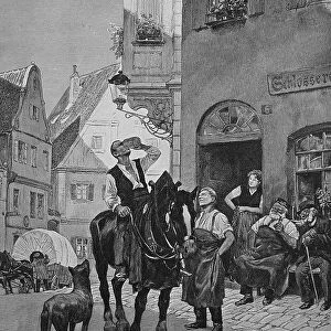 After-work drink, man on his way home from work has a mug of beer given to him in the pub and drinks it without getting off the horse, 1887, Germany, Historical, digital reproduction of an original 19th century original, original date not known