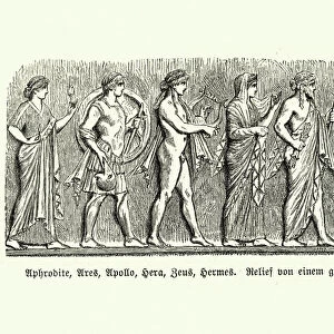 Ancient gods of olympus Aphrodite, Ares, Apollo, Hera, Zeus, Hermes