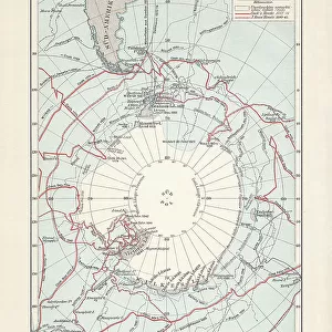 Antarctica map with sea routes of various explorers, lithograph, 1897