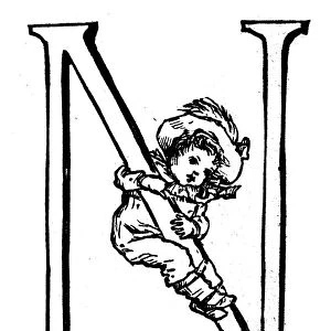 Antique children spelling book illustrations: Alphabet letter N