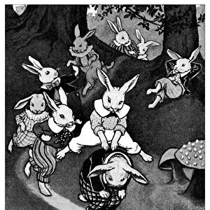 Antique childrens book comic illustration: rabbits playing