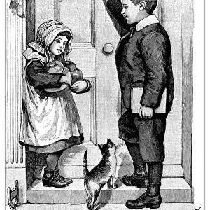 Antique childrens book comic illustration: girl and boy knocking door