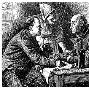 Antique illustration of two people arguing in a tavern