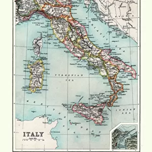 Antique Map of Italy, with detail of straits of Messina, 19th Century