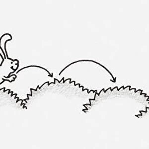 Black and white illustration of a rabbit hopping across small hills