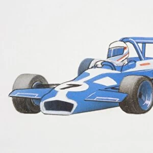 Blue formula 1 racing car with driver in seat