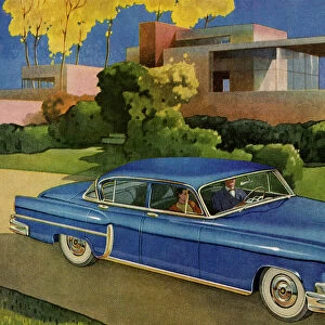 Blue Vintage Car Infront of House
