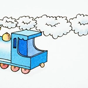 Cartoon, steam train locomotive blowing steam out of its chimney, side view
