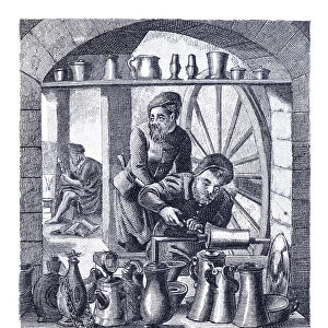 Craftsperson working at turning lathe with tin products 16th century