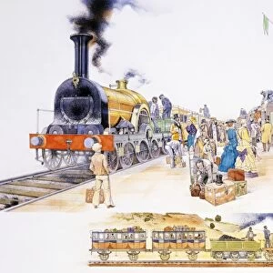 Crowded platform at Victorian railway station, with two locomotive steam trains either side