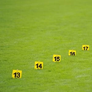 Distance markers for throwing, shot put on grass, stadium