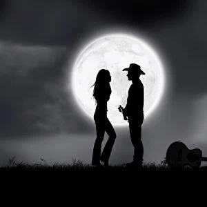 Falling in love couple dating in full moon night