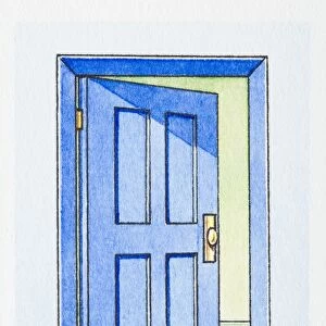 Illustration of ajar blue door in house