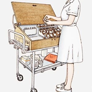 Illustration of a female nurse standing next to a medicine trolley