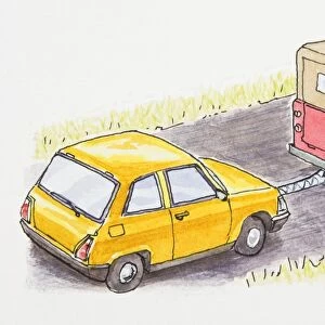 Illustration of red jeep towing yellow car on road