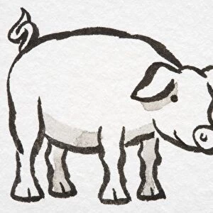 Illustration, smiling pig standing, side view