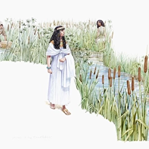 Illustration of Thermuthis bathing in River Nile as Jochebed holds baby Moses in basket made of bulrushes on riverbank