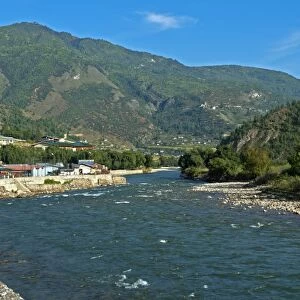 Landscape in the Paro Valley with the Paro Chhu River, Paro, Bhutan