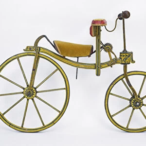 Laufmaschine 1820 Osterreich, Austria, 1820, side view, drive side. No gears, Frame: wood, Wheel size back: 71cm / front: 58cm Special features - only used by very wealthy, hence the luxurious padded seats, and ornamental detailing
