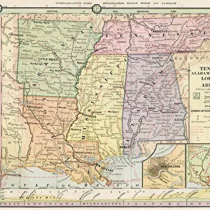 Map of Tennessee, Alabama, Louisiana states 1886
