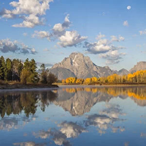 Mt. Moran and clouds reflecting in Oxbow bend of Snake River in Grand Teton National Park, Teton County, Wyoming, USA