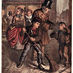 Victorian London boys begging and sweeping street, 1870