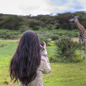 Woman taking picture of a Masai giraffe (Giraffa camelopardalis tippelskirchi), Lake Naivasha, Kenya