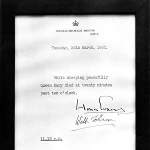 24 March 1953 The official bulletin anouncing the death of Queen Mary posted outside