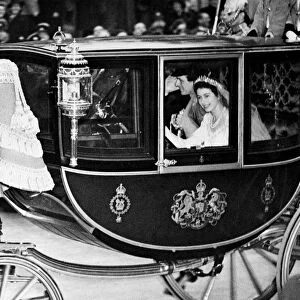 Princess Elizabeth and Prince Philip at Parliament Square after the wedding ceremony