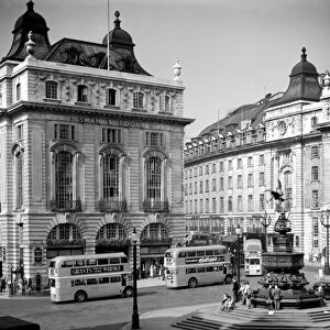 A view of the Swan and Edgar building and the statue of Eros in Piccadilly Circus, London