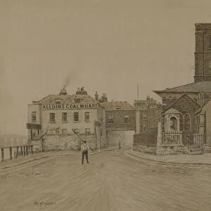 Alldins Coal Wharf and Chelsea Old Church, London (pencil & wash on paper)